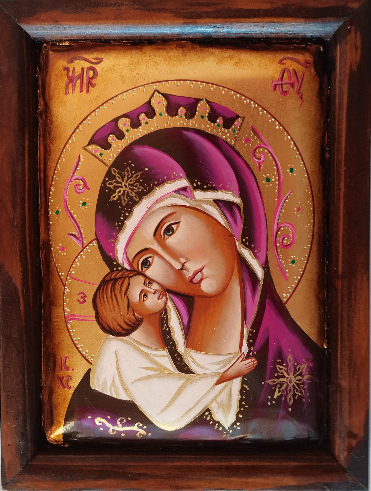Icona Sacra Madonna della Tenerezza 18x24 cm – Manto Scuro con Bordo